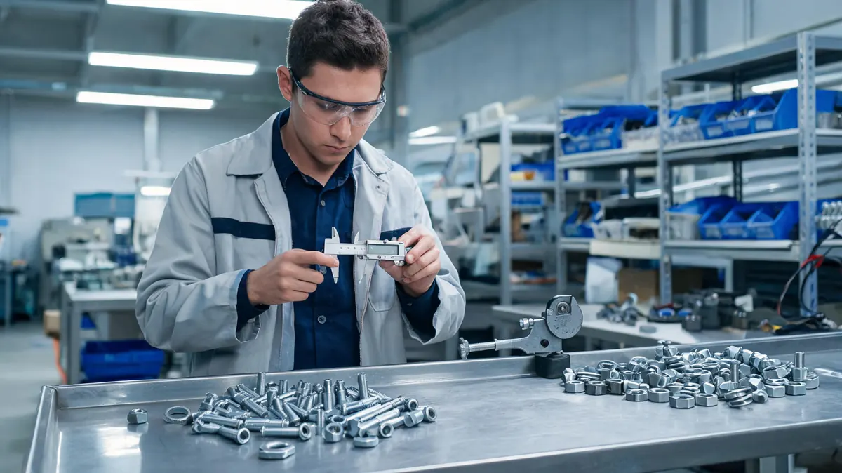 Quality control engineer inspecting fasteners with calipers
